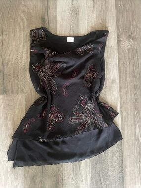 Suzy Shier Black Paisley Print Draped Tank with Pink & Cream Accents